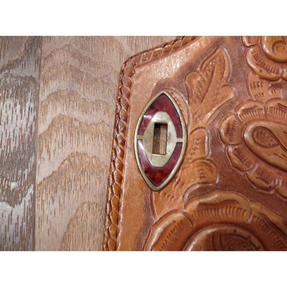 Vintage Large Leather Hand Tooled Brown Shoulder Bag Purse Tri fold Organizer - Picture 10 of 16
